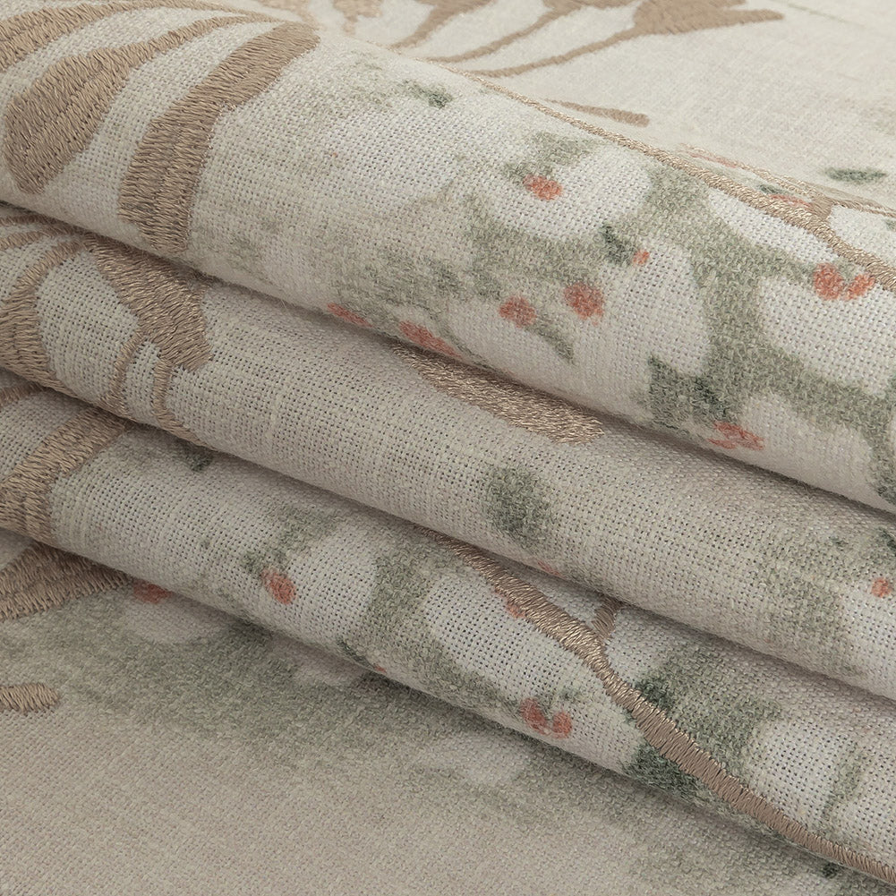 Printed and Embroidered Drapery Canvas - Sage Floral - British Imported Folded