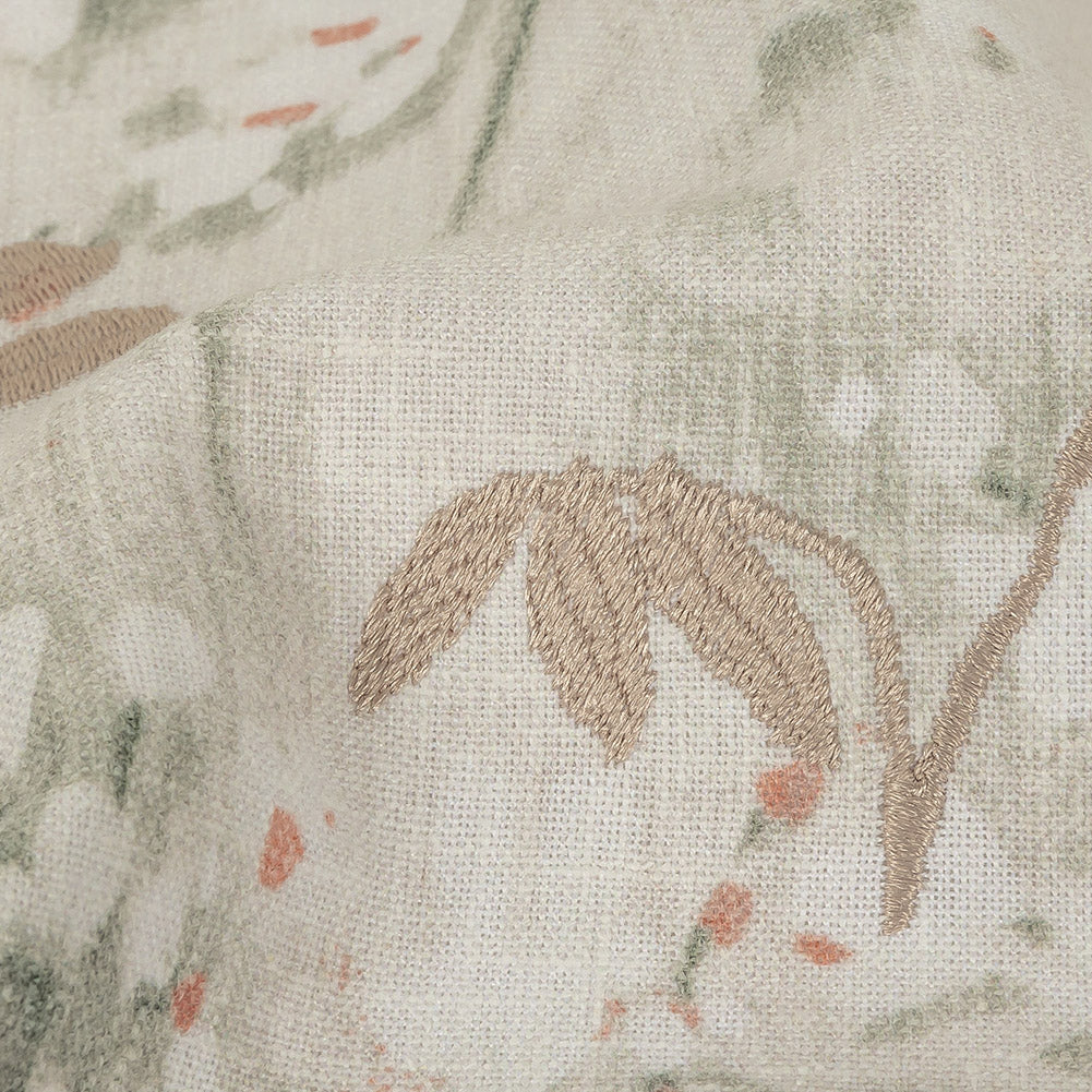 Printed and Embroidered Drapery Canvas - Sage Floral - British Imported Detail
