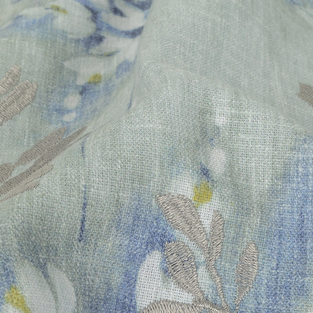 Printed and Embroidered Drapery Canvas - Seafoam Floral - British Imported Detail
