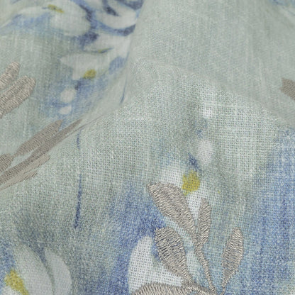 Printed and Embroidered Drapery Canvas - Seafoam Floral - British Imported Detail