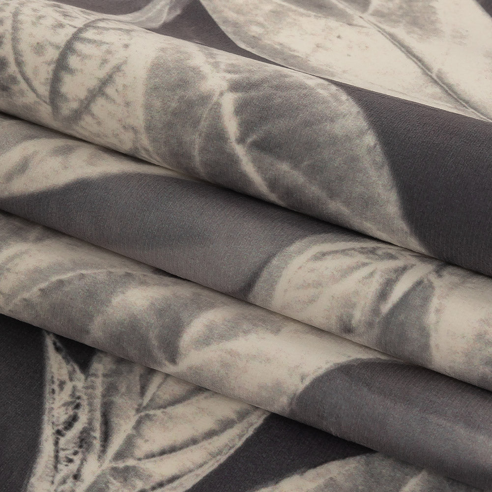 Polyester Knit Microvelvet Print - Slate Floating Leaves - British Imported Folded