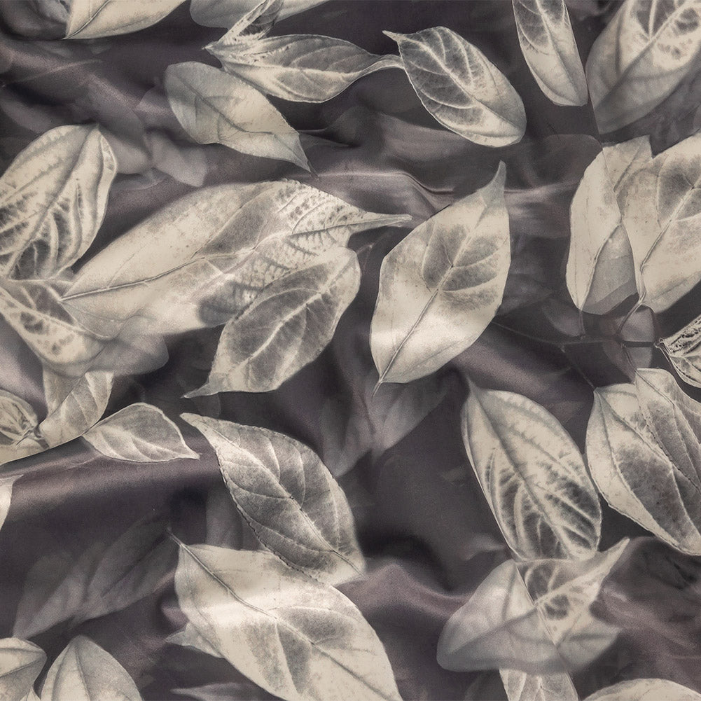 Polyester Knit Microvelvet Print - Slate Floating Leaves - British Imported