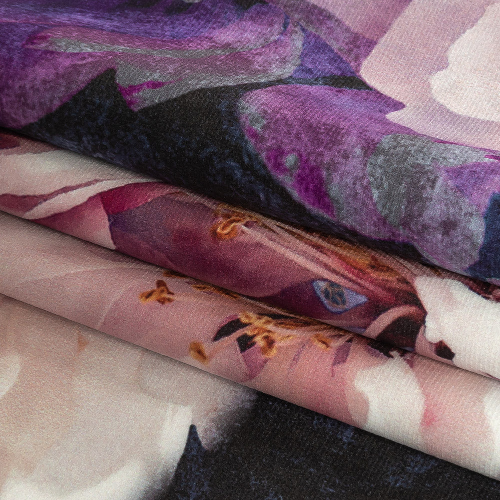 Polyester Knit Microvelvet Print - Amethyst Floral - British Imported Folded