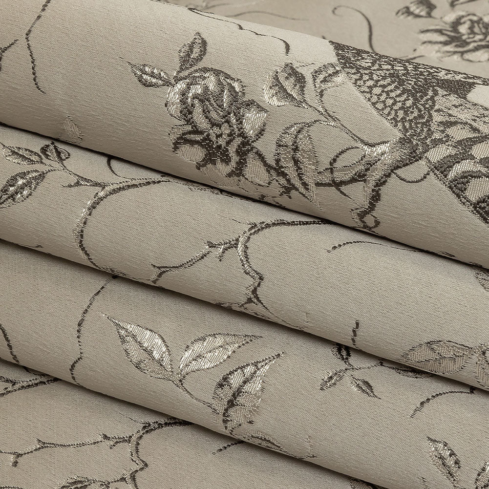 Drapery Jacquard - Oyster Perched Peacocks on Branches - British Imported Folded