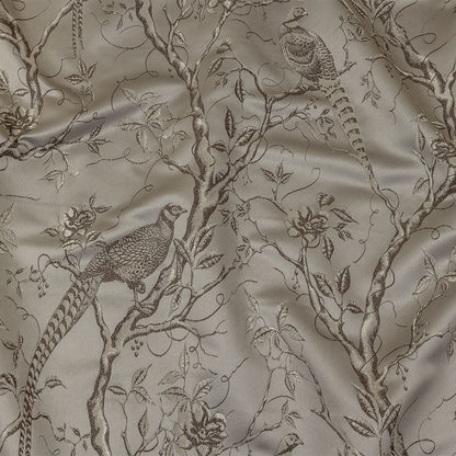 Drapery Jacquard - Silver Perched Peacocks on Branches - British Imported