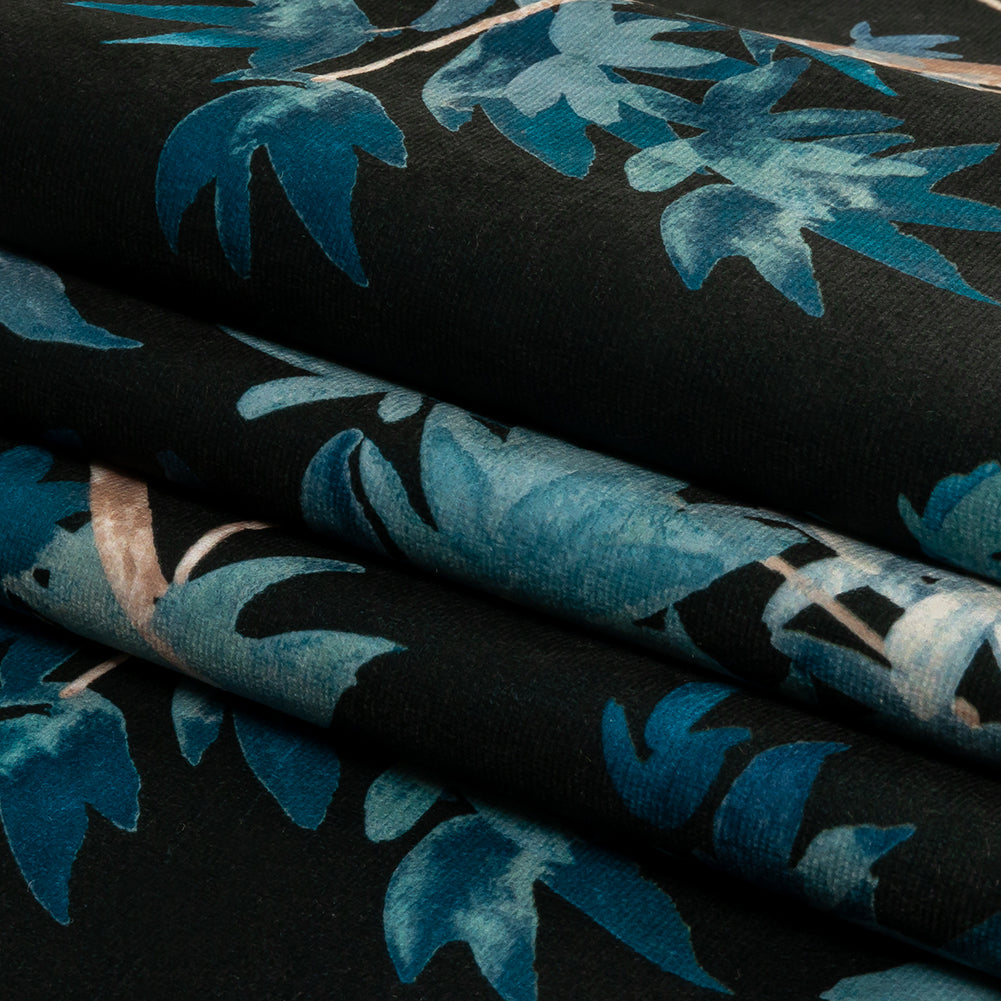 Polyester Microvelvet Print - Midnight Watercolor Tropical Branches - British Imported Folded