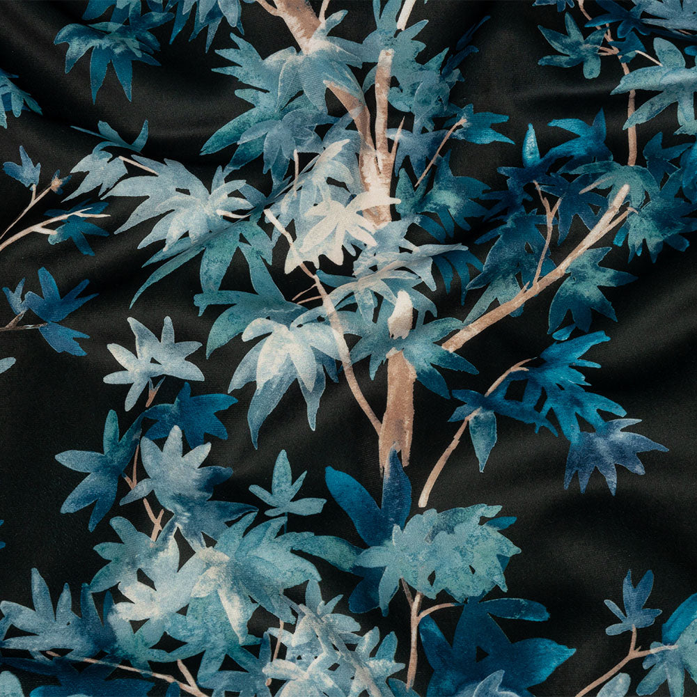 Polyester Microvelvet Print - Midnight Watercolor Tropical Branches - British Imported