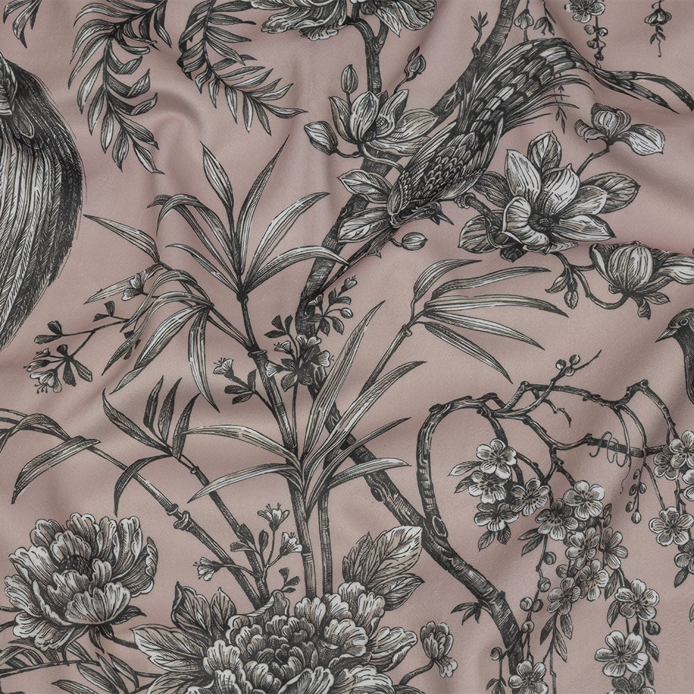 Polyester Microvelvet Print - Blush Birds Perched in Paradise Florals - British Imported