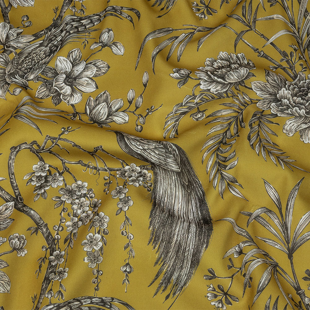 Polyester Microvelvet Print - Citrus Birds Perched in Paradise Florals - British Imported