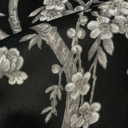 Polyester Microvelvet Print - Ebony Birds Perched in Paradise Florals - British Imported Detail