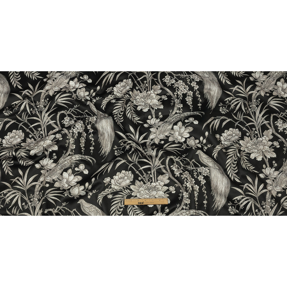 Polyester Microvelvet Print - Ebony Birds Perched in Paradise Florals - British Imported Full