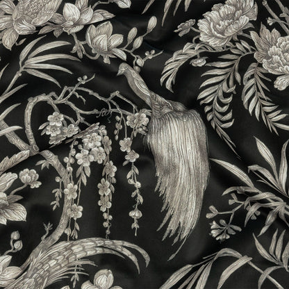 Polyester Microvelvet Print - Ebony Birds Perched in Paradise Florals - British Imported