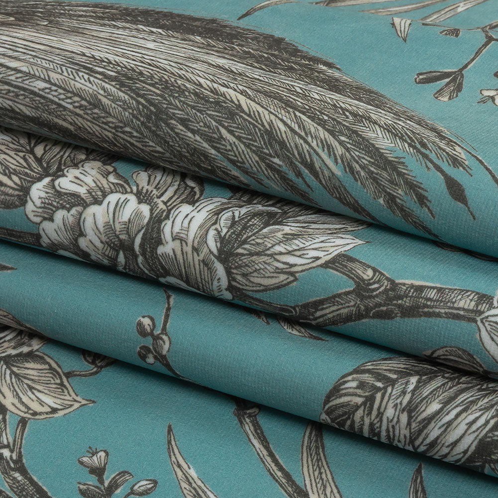 Polyester Microvelvet Print - Sky Birds Perched in Paradise Florals - British Imported Folded