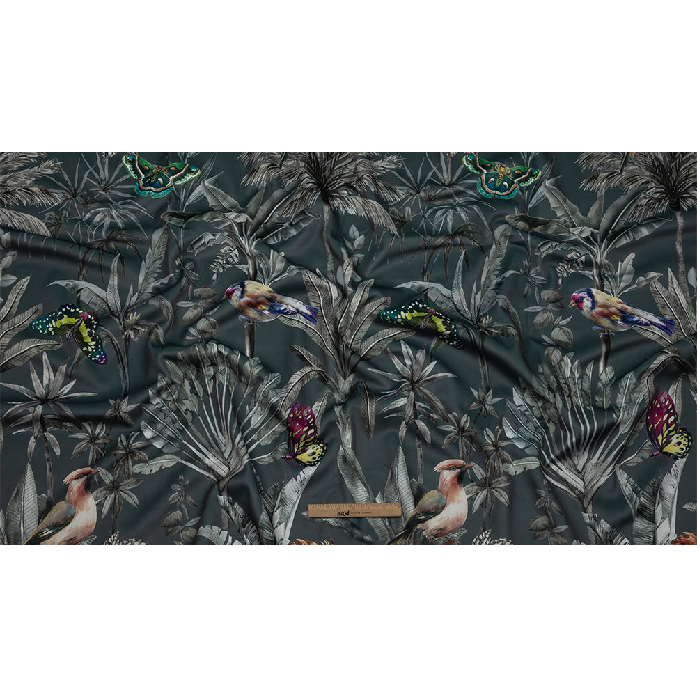 Polyester Microvelvet Print - Slate Tropical Birds and Butterflies - British Imported Full