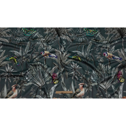 Polyester Microvelvet Print - Slate Tropical Birds and Butterflies - British Imported Full