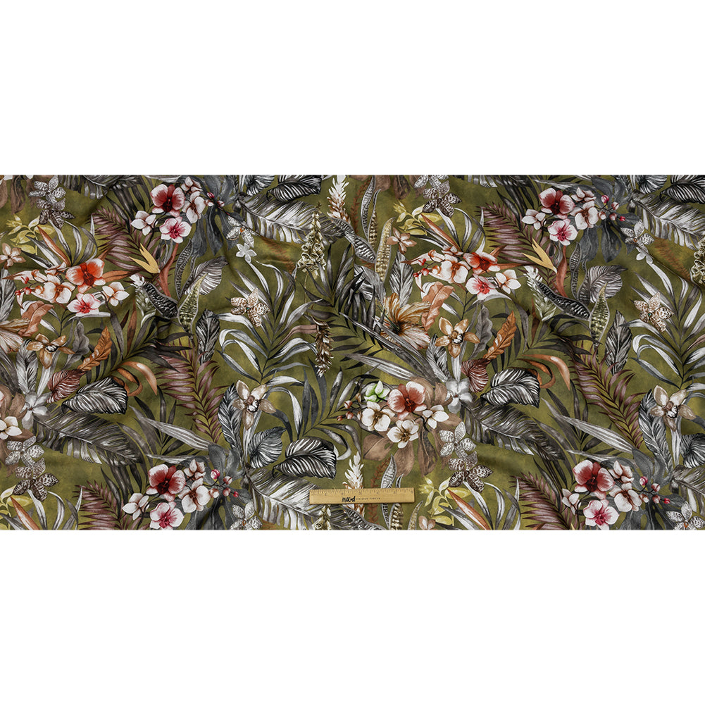 Polyester Microvelvet Print - Olive Tropical Florals - British Imported Full