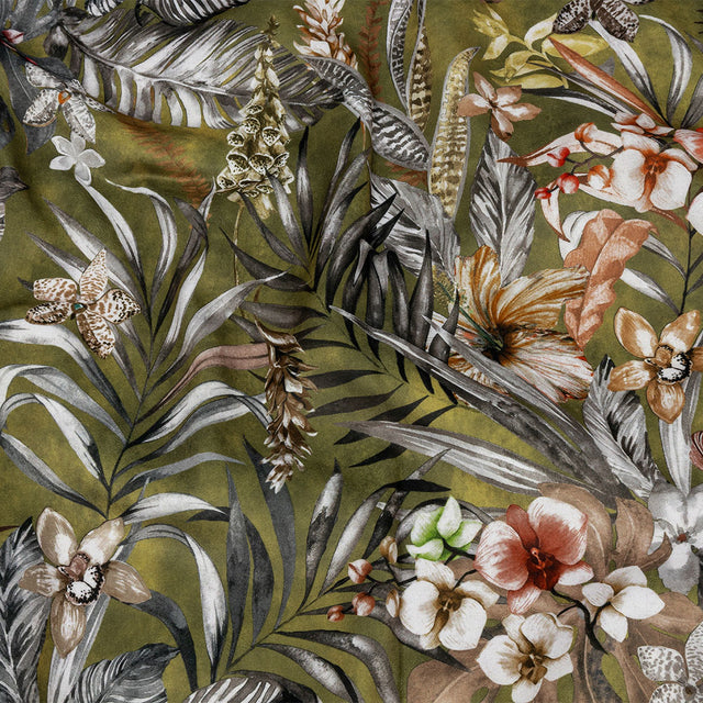 Polyester Microvelvet Print - Olive Tropical Florals - British Imported