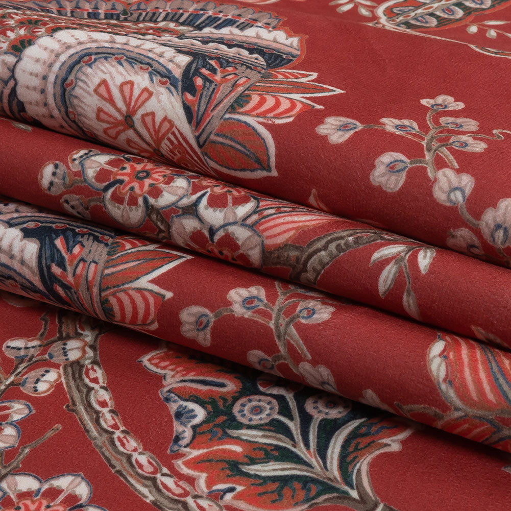 Polyester Microvelvet Print - Crimson Jacobean Floral - British Imported Folded