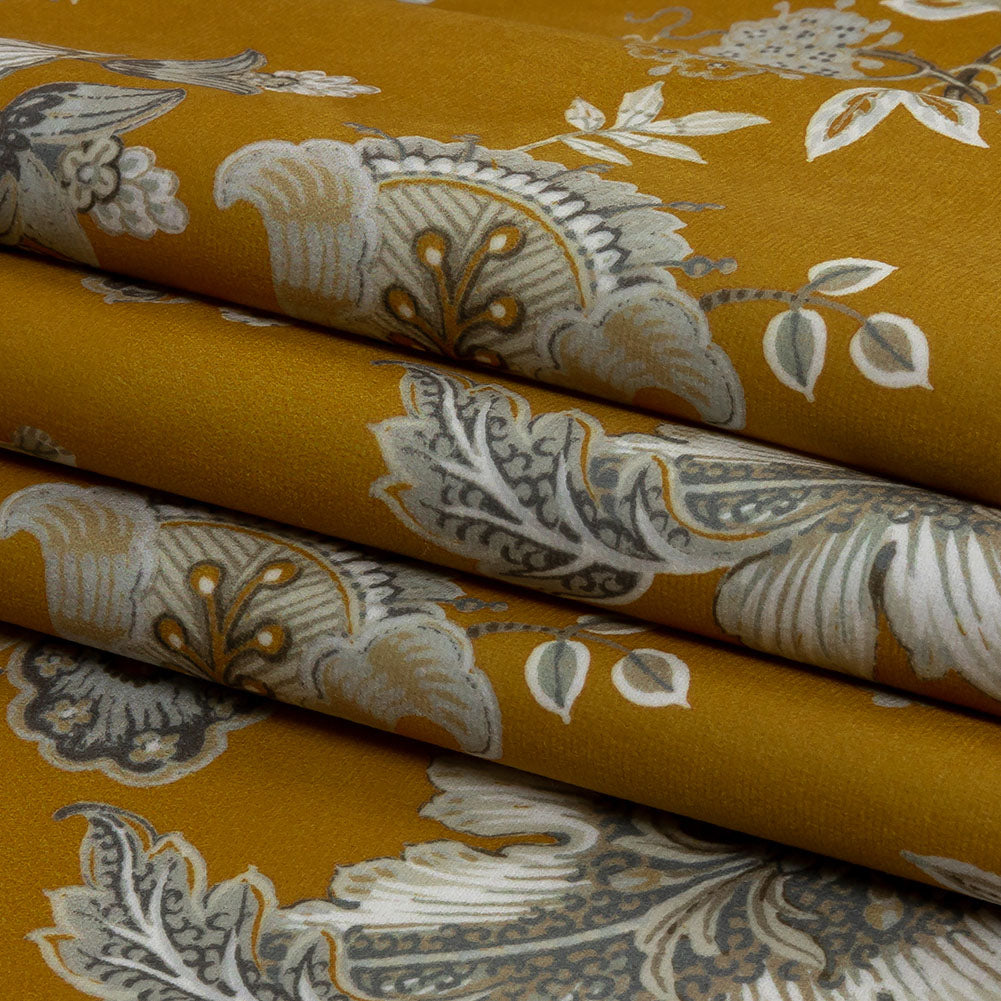 Polyester Microvelvet Print - Ochre Jacobean Floral - British Imported Folded