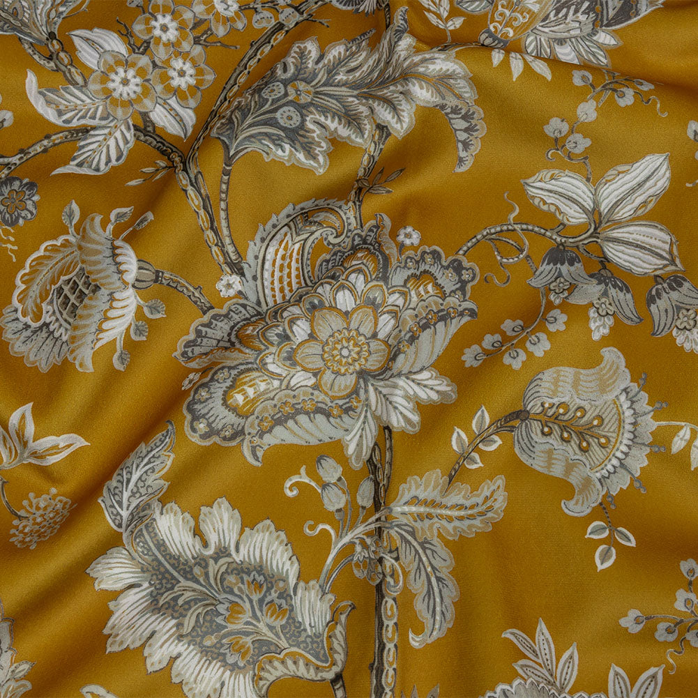 Polyester Microvelvet Print - Ochre Jacobean Floral - British Imported