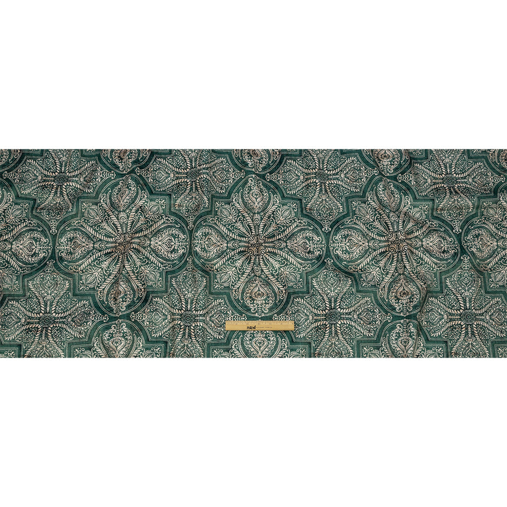 Printed Polyester Velvet - Emerald Ornate Leafy Tiles - British Imported Full