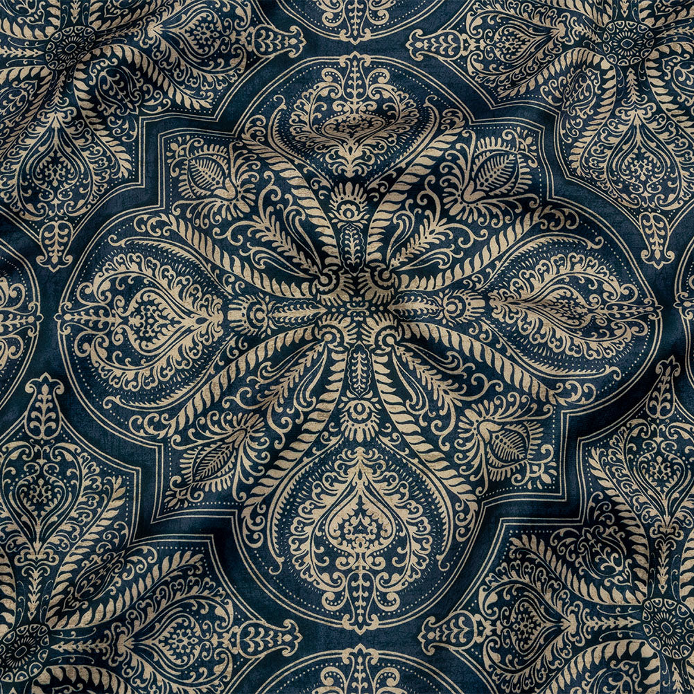 Printed Polyester Velvet - Ink Ornate Leafy Tiles - British Imported