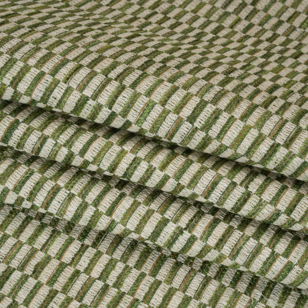 Textured Polyester and Cotton Woven - Olive Rectangle Checks - British Imported
