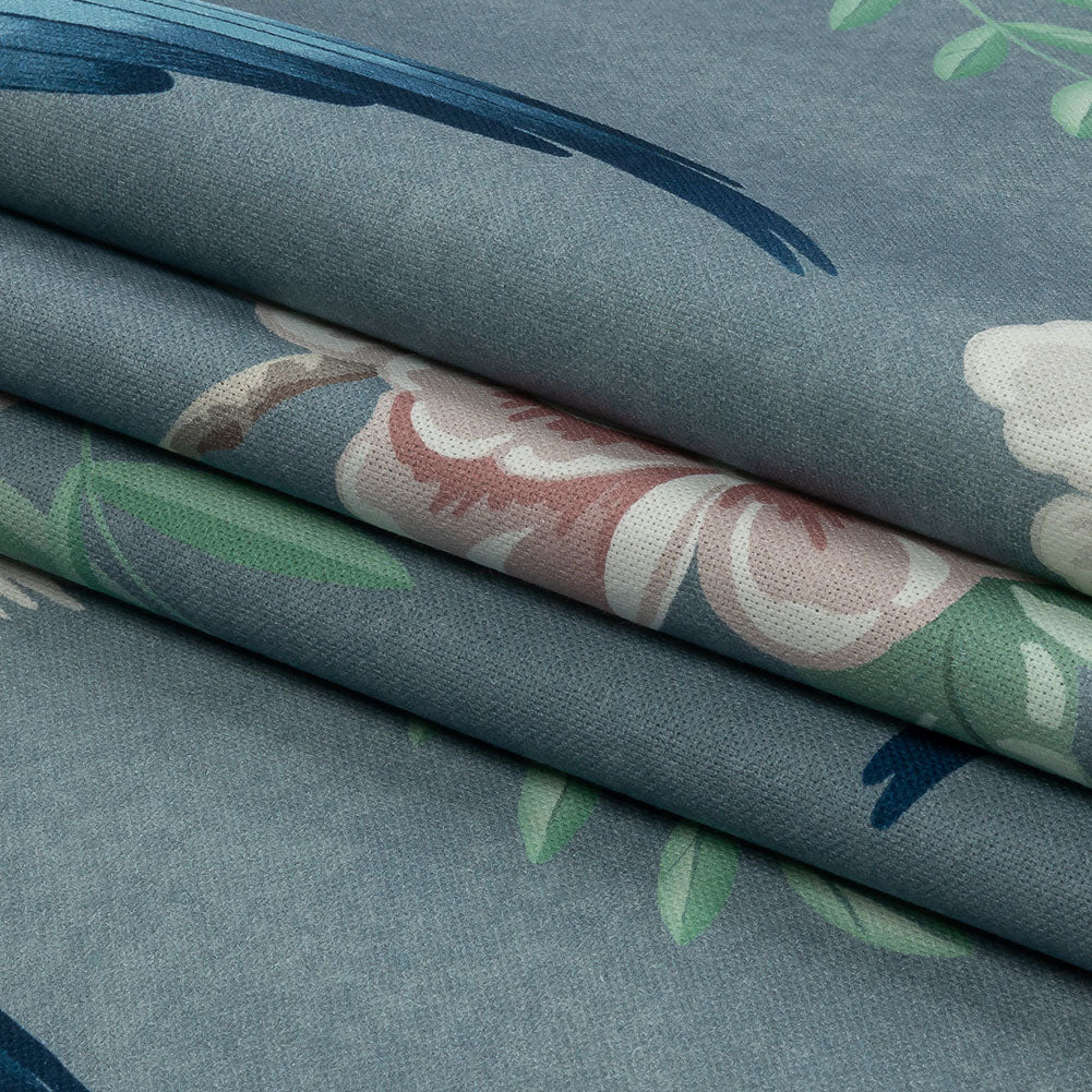 Cotton Canvas Print - Denim Birds in the Garden - British Imported Folded