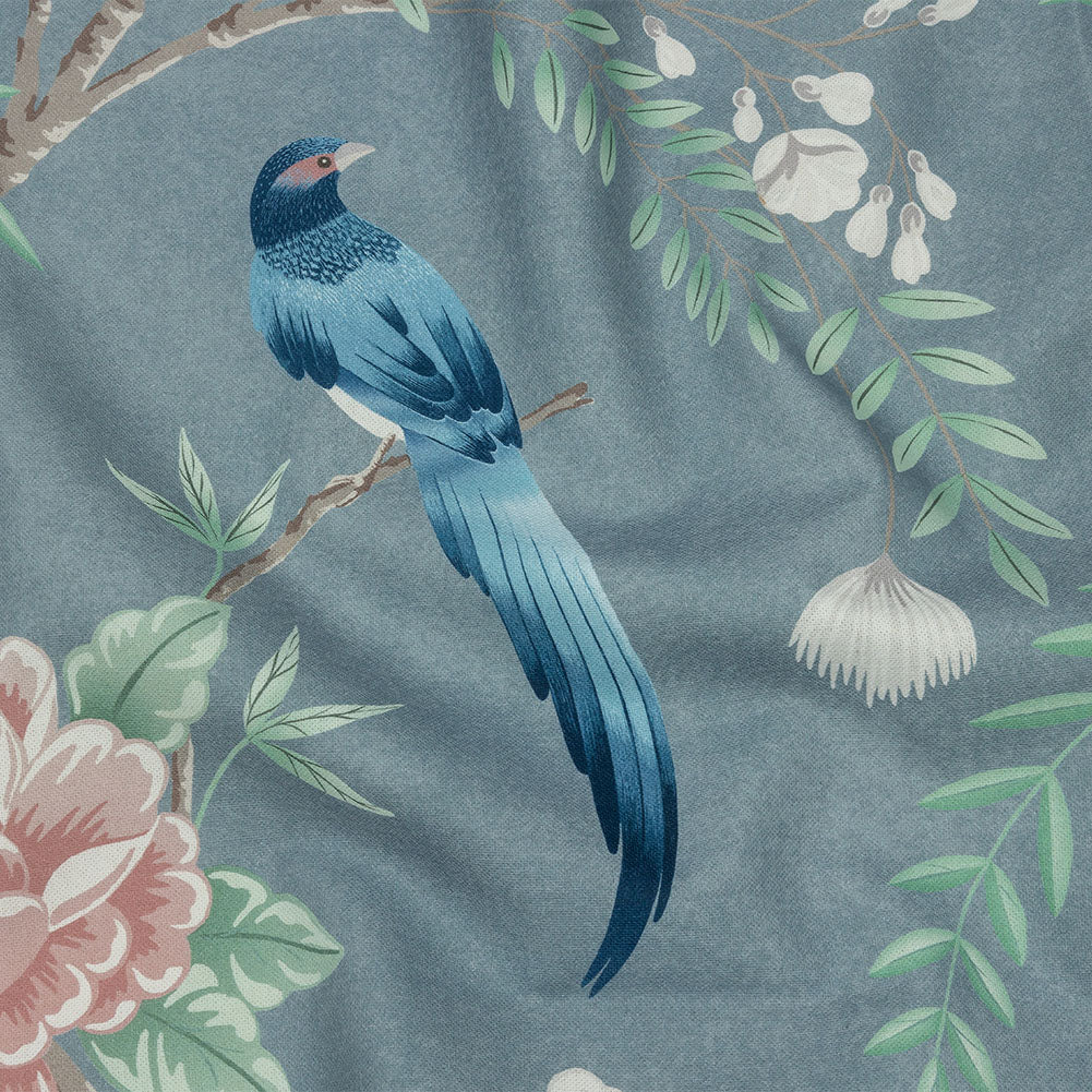 Cotton Canvas Print - Denim Birds in the Garden - British Imported