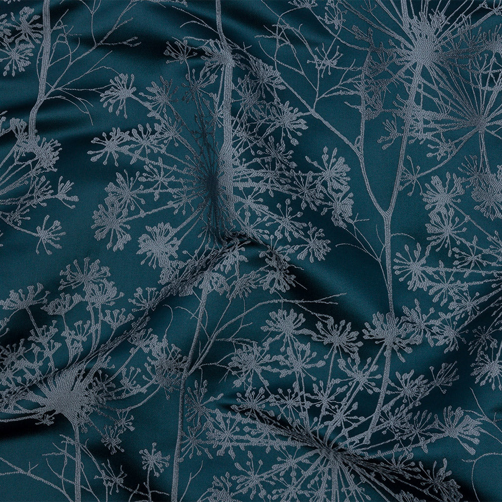 Satin-Faced Drapery Jacquard - Navy Fennel Flowers - British Imported