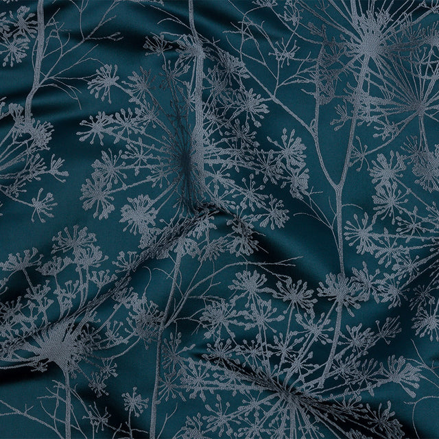 Satin-Faced Drapery Jacquard - Navy Fennel Flowers - British Imported