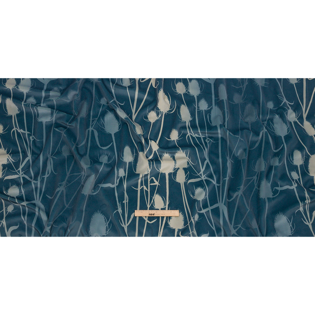 Printed Polyester Velvet - French Navy Thistle Stems - British Imported Full