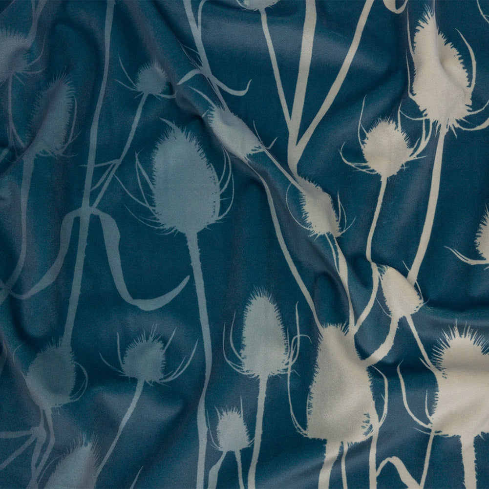 Printed Polyester Velvet - French Navy Thistle Stems - British Imported