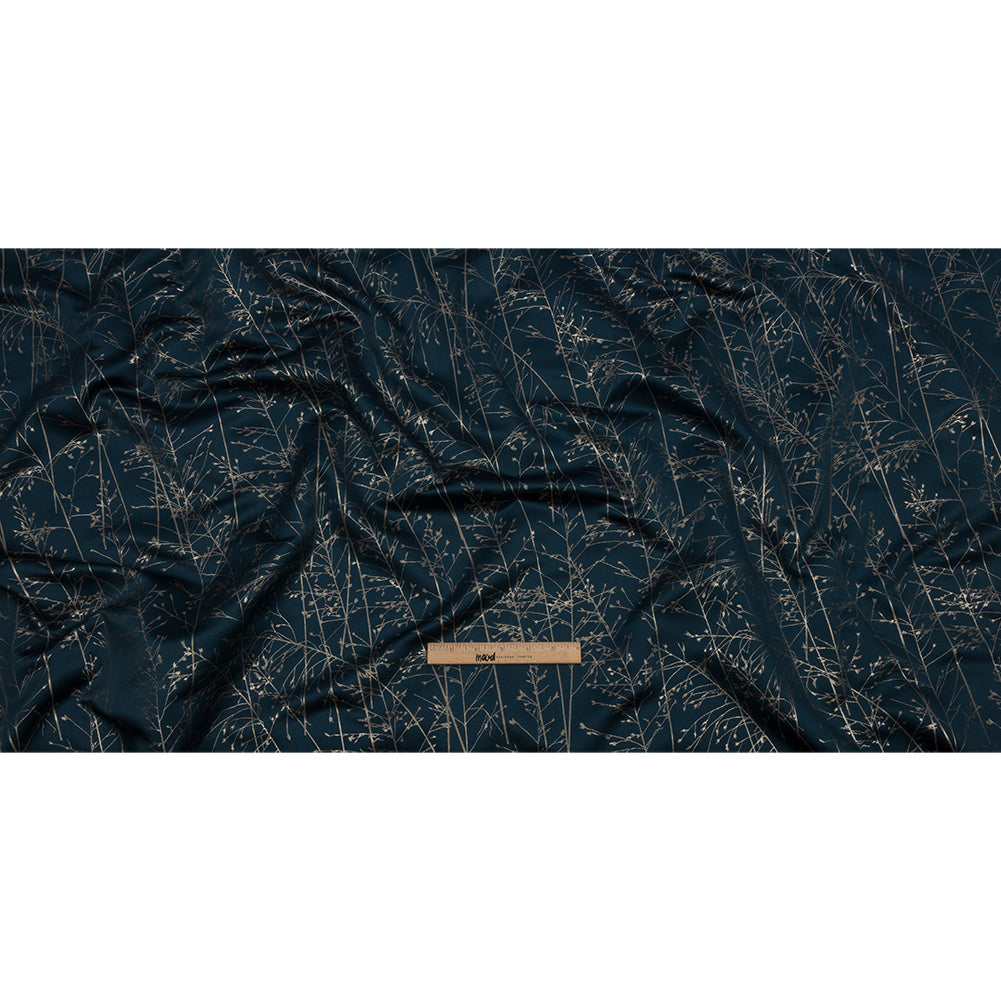 Metallic Satin-Faced Drapery Jacquard - French Navy Delicate Grasses - British Imported Full