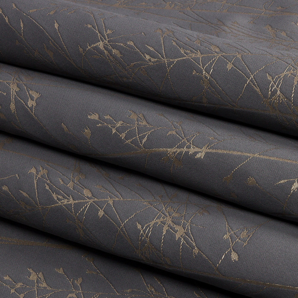 Metallic Satin-Faced Drapery Jacquard - Mole Delicate Grasses - British Imported Folded