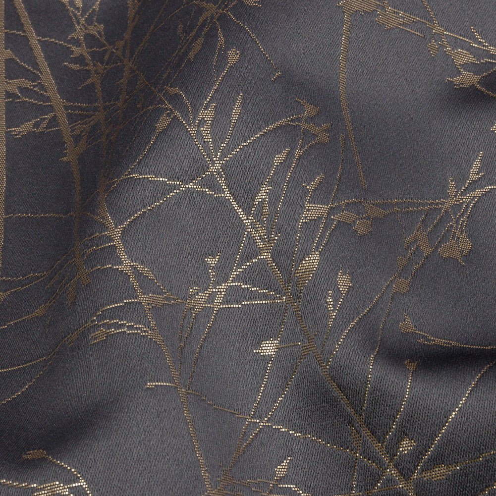 Metallic Satin-Faced Drapery Jacquard - Mole Delicate Grasses - British Imported Detail