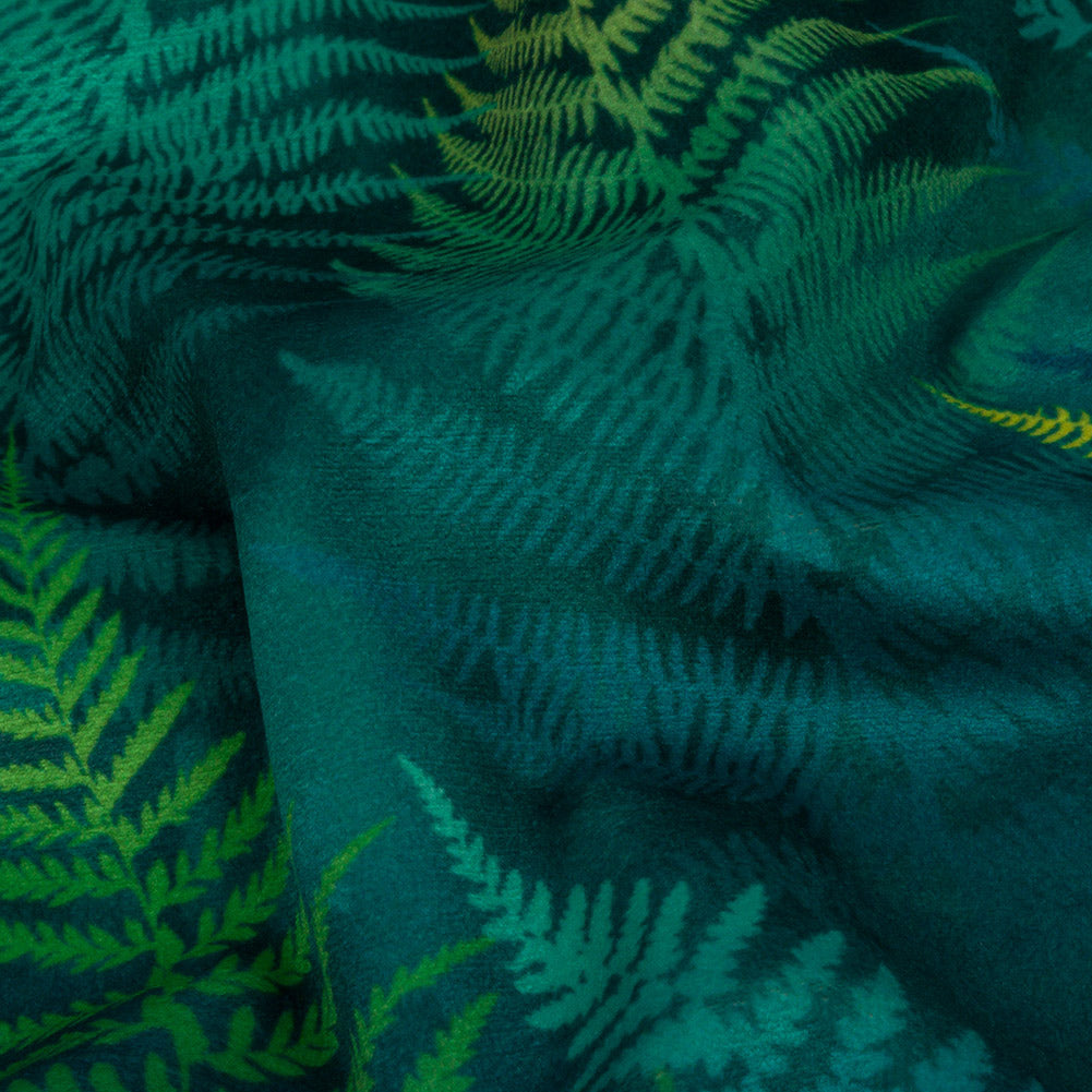 Printed Polyester Velvet - Peacock Foggy Ferns - British Imported Detail