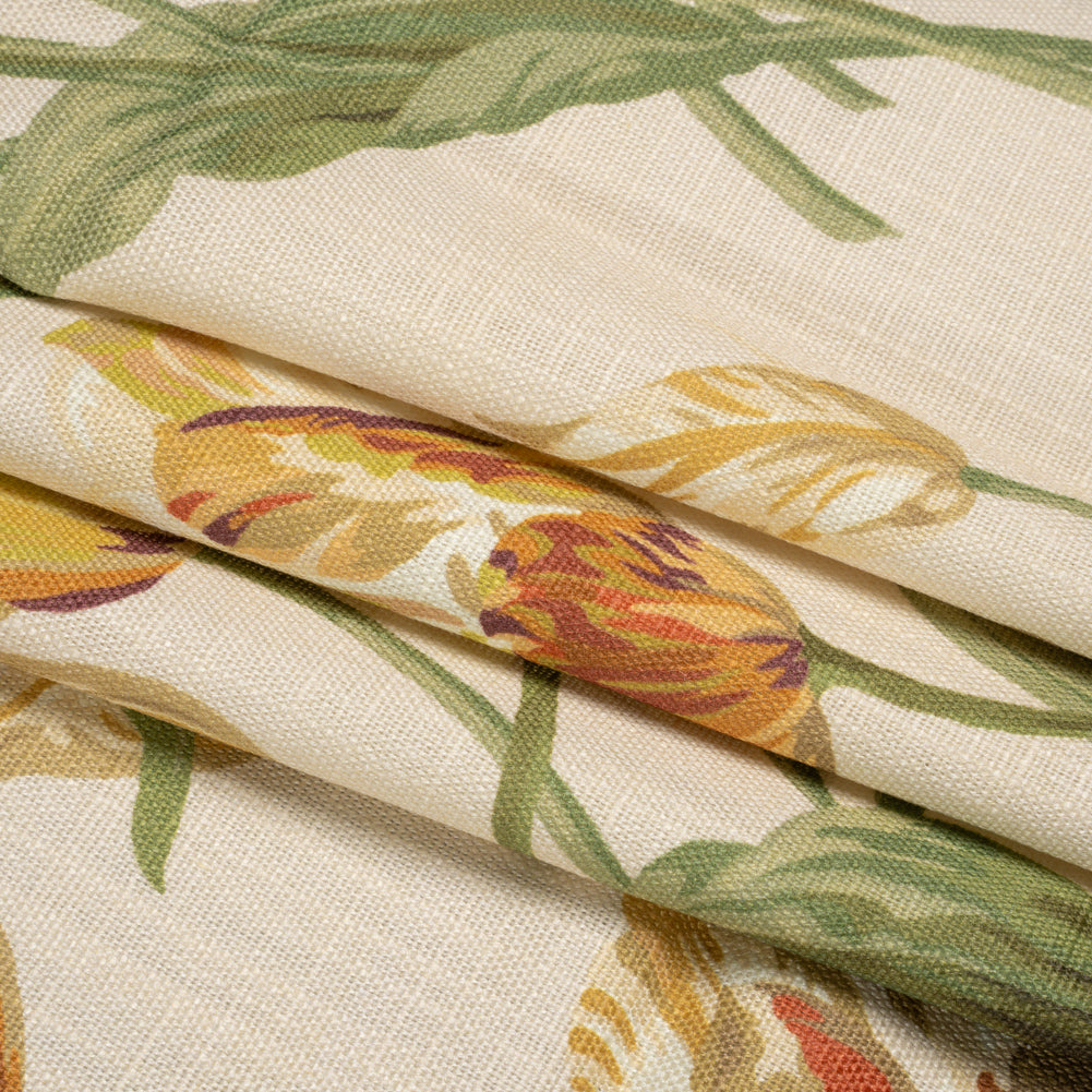 Viscose and Linen Drapery Woven Print - Gold Painting Flowers - British Imported Folded