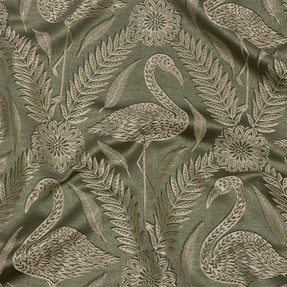 Metallic Drapery Jacquard - Sage Flamingos and Flowers - British Imported