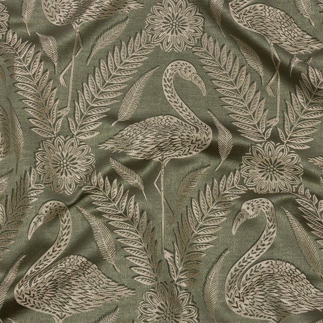 Metallic Drapery Jacquard - Sage Flamingos and Flowers - British Imported