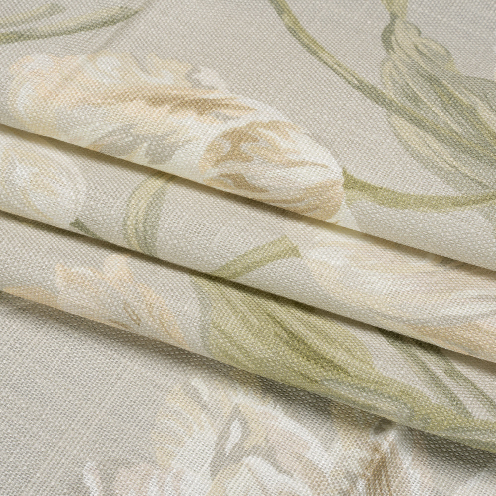 Viscose and Linen Drapery Woven Print - Sage Painting Flowers - British Imported Folded