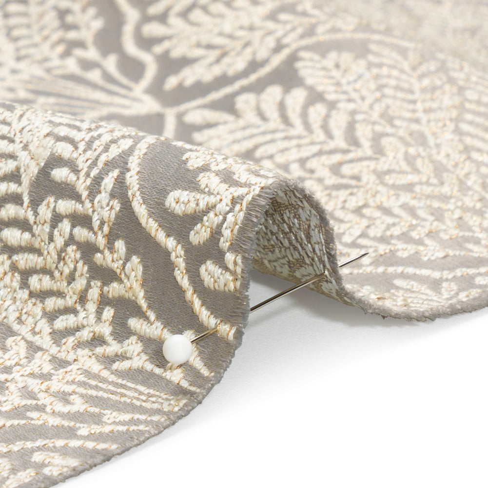 Metallic Drapery Jacquard - Dove Leafy Fans - British Imported Detail