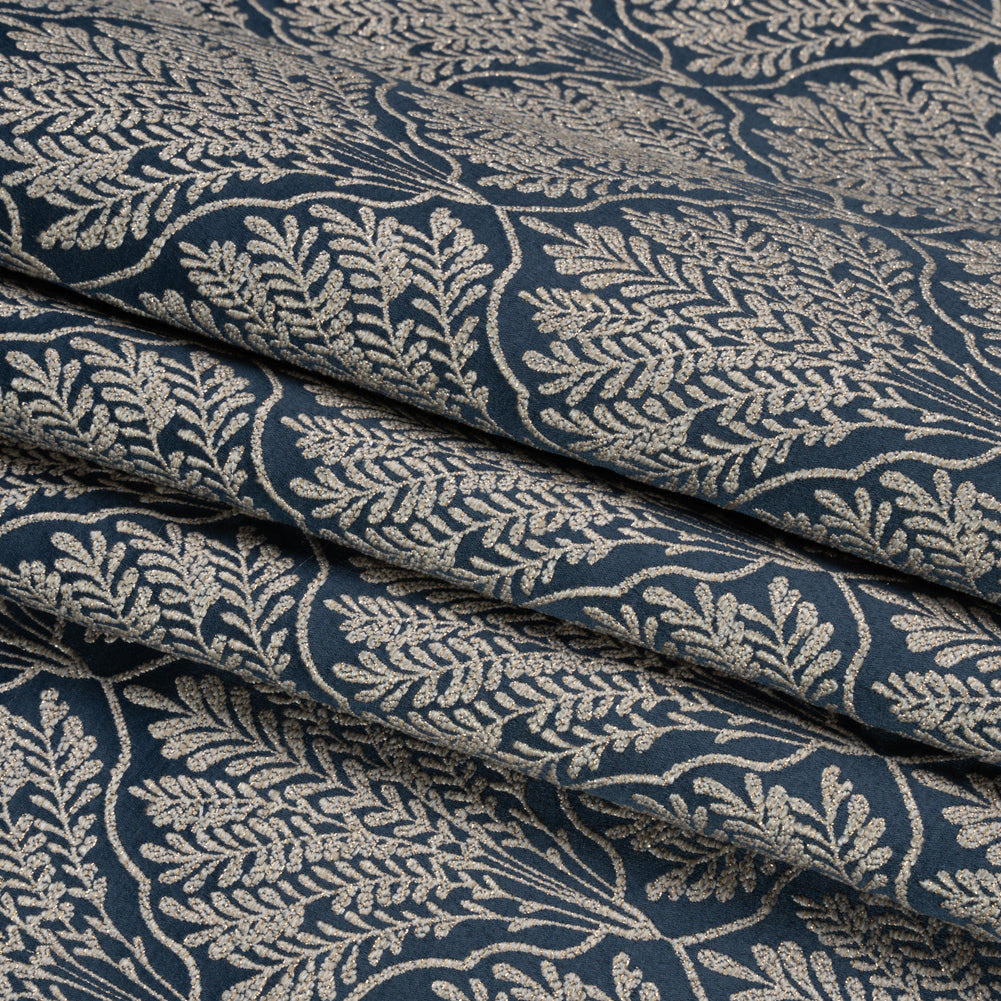 Metallic Drapery Jacquard - Ink Leafy Fans - British Imported Folded