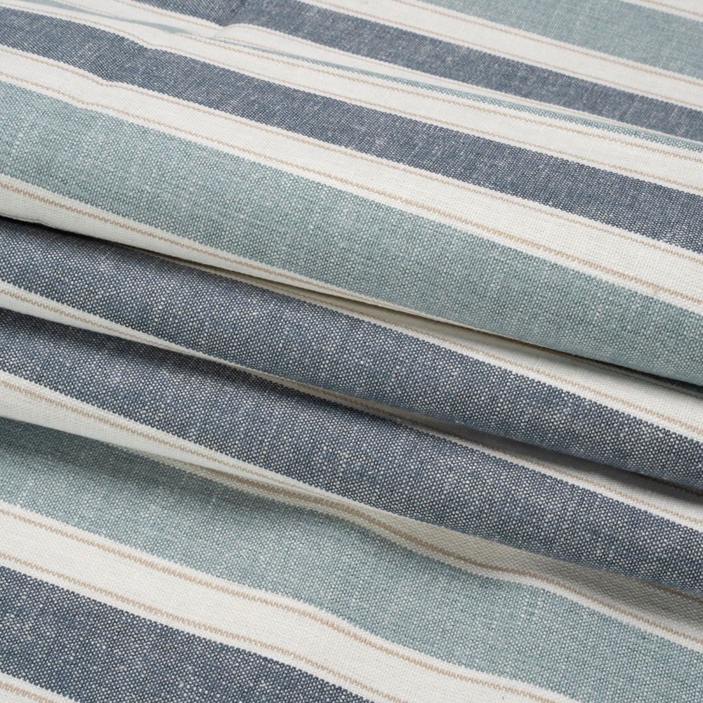 Slubbed Cotton Blend Woven - Denim Wide Stripes - British Imported Folded