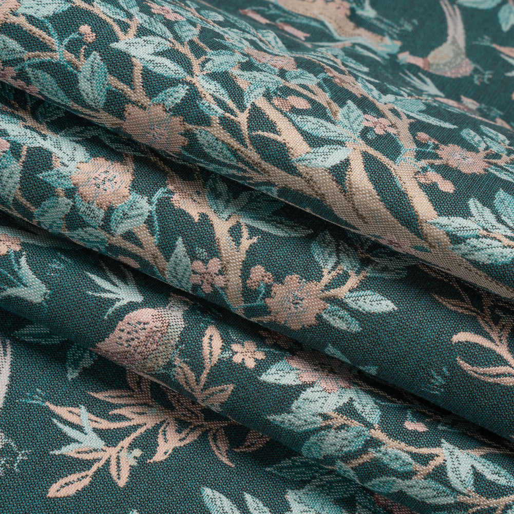 Drapery Jacquard - Peacock Pheasants in the Orchard - British Imported Folded