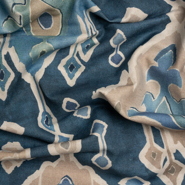 Cotton and Linen Canvas Print - Indigo Painted Diamonds - British Imported
