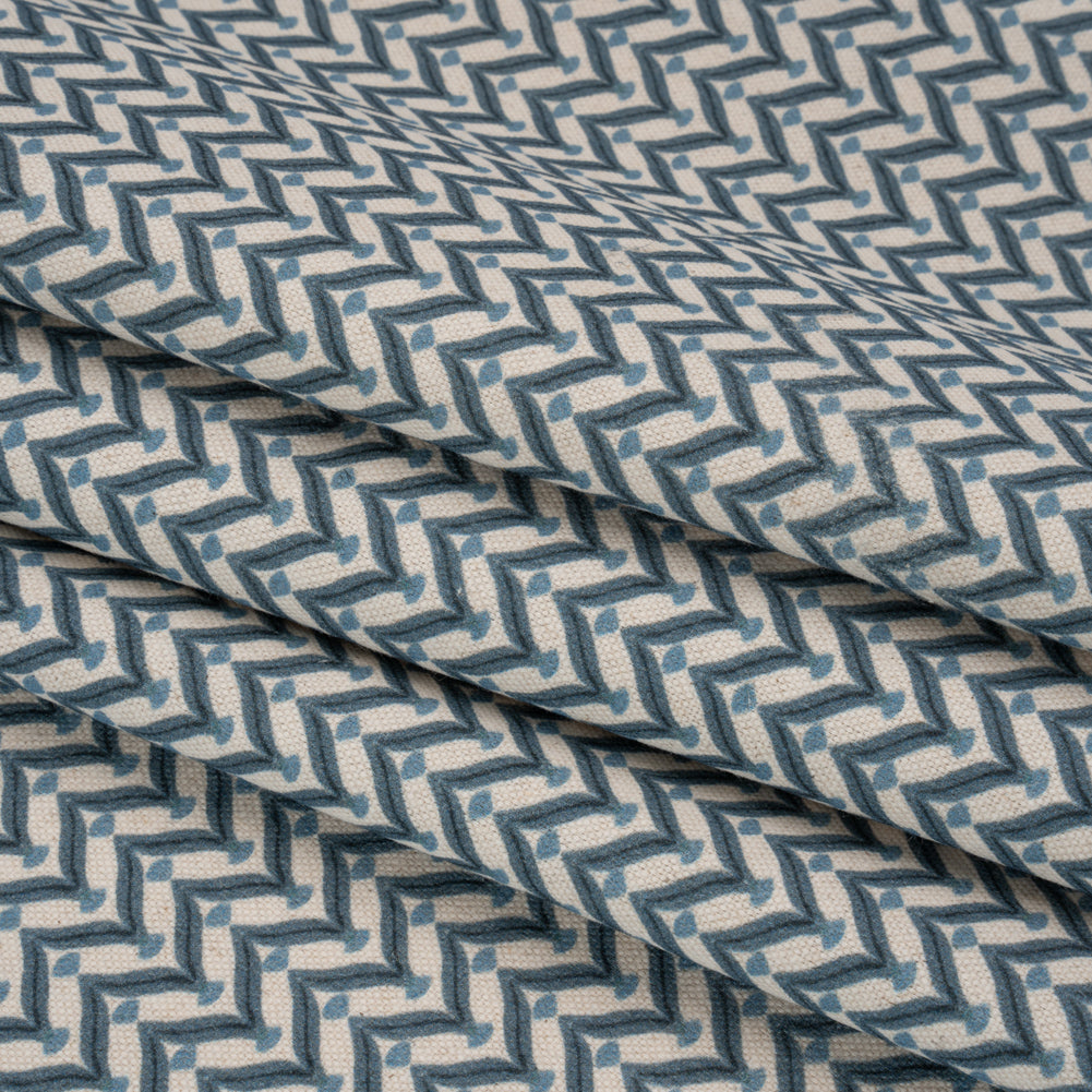 Cotton and Linen Canvas Print - Indigo Leafy Chevrons - British Imported Folded
