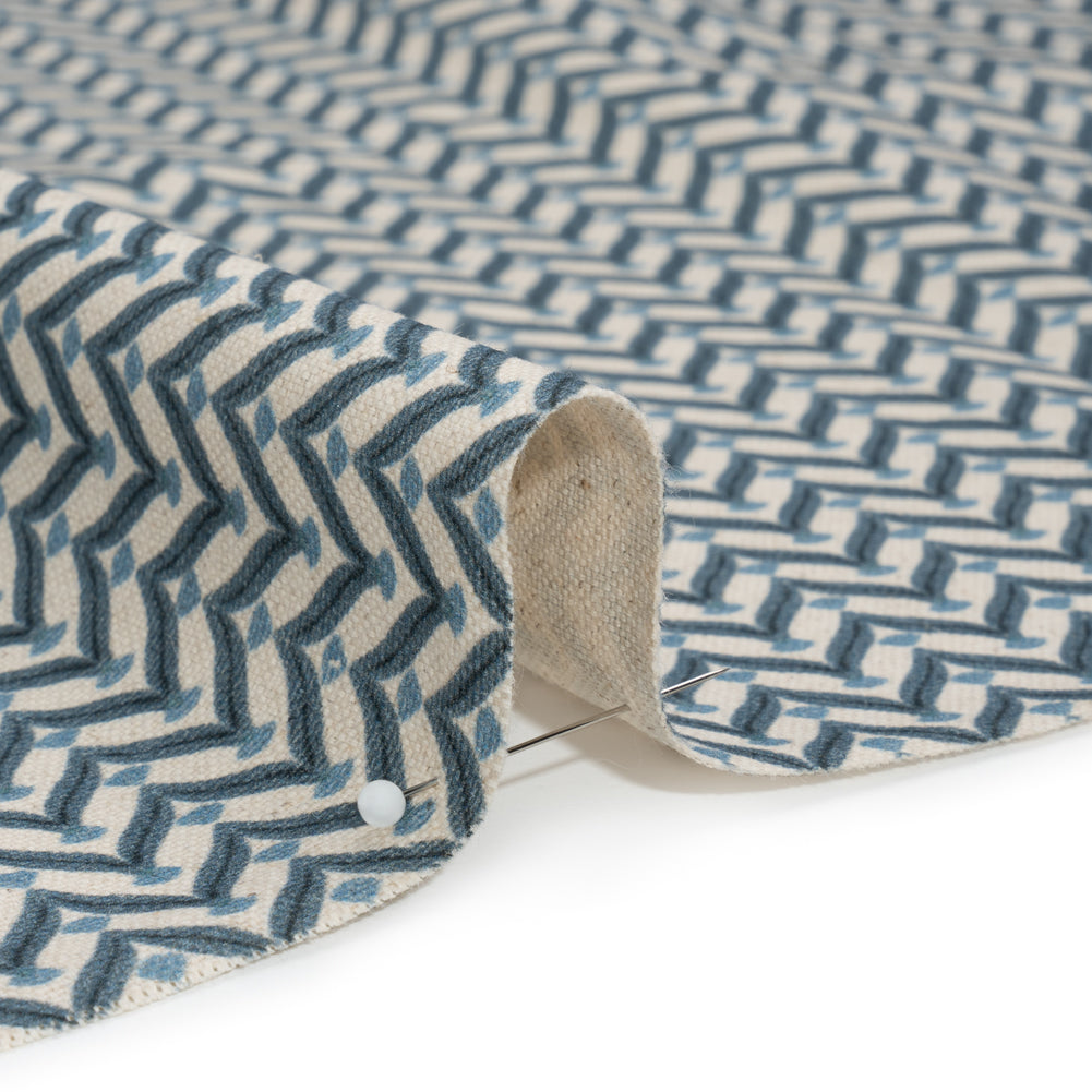 Cotton and Linen Canvas Print - Indigo Leafy Chevrons - British Imported Detail
