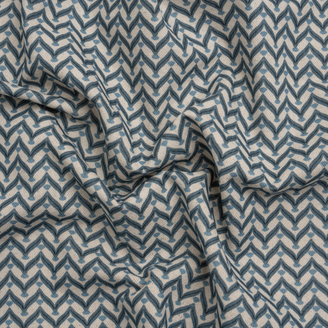 Cotton and Linen Canvas Print - Indigo Leafy Chevrons - British Imported