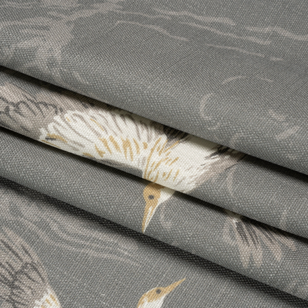 Viscose and Linen Drapery Woven Print - Steel Cranes in the Clouds - British Imported Folded